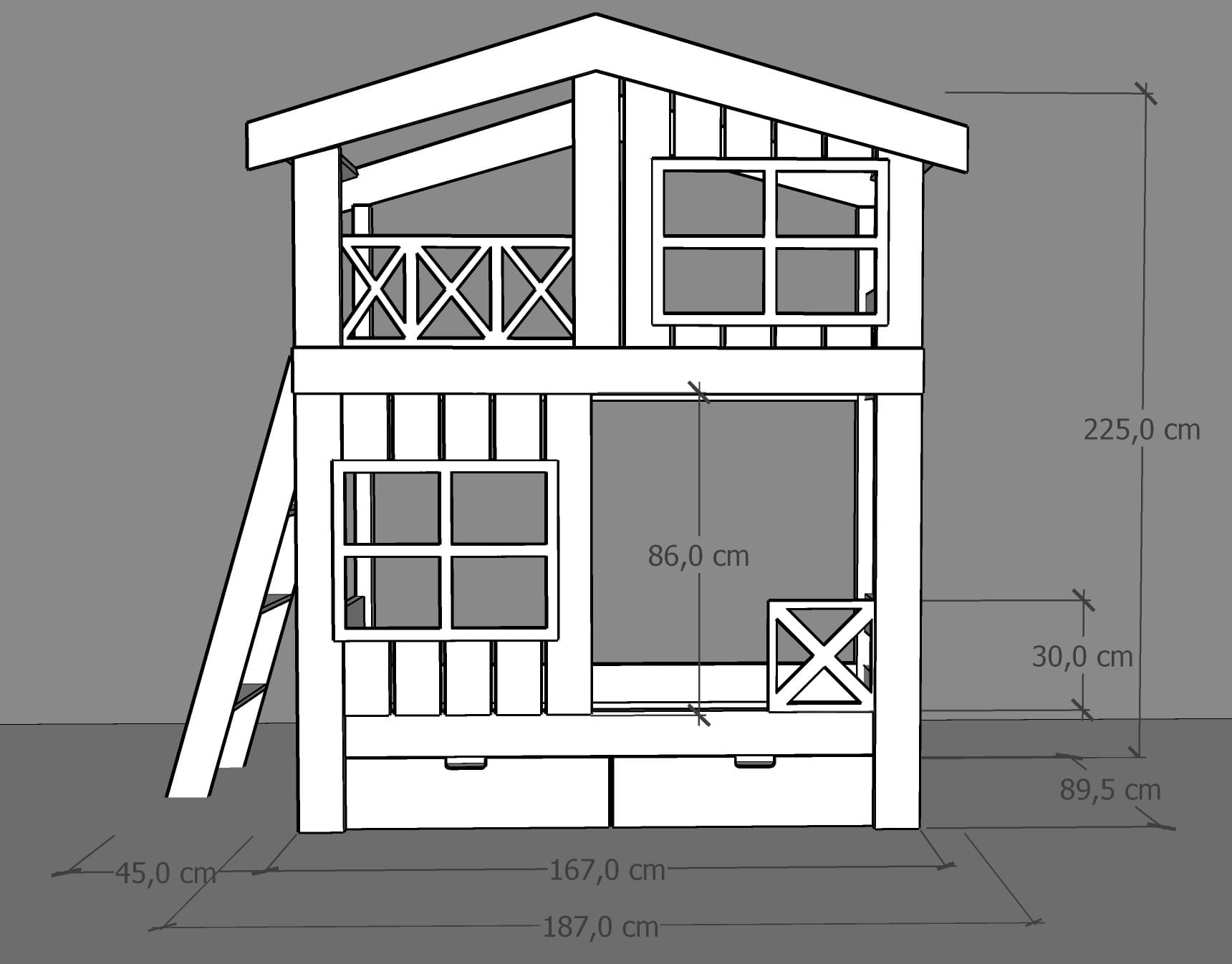 Łóżko piętrowe ze sklejki Tree House – domek na drzewie z oknem i dachem – Wymiary zewnętrzne i wysokość łóżka