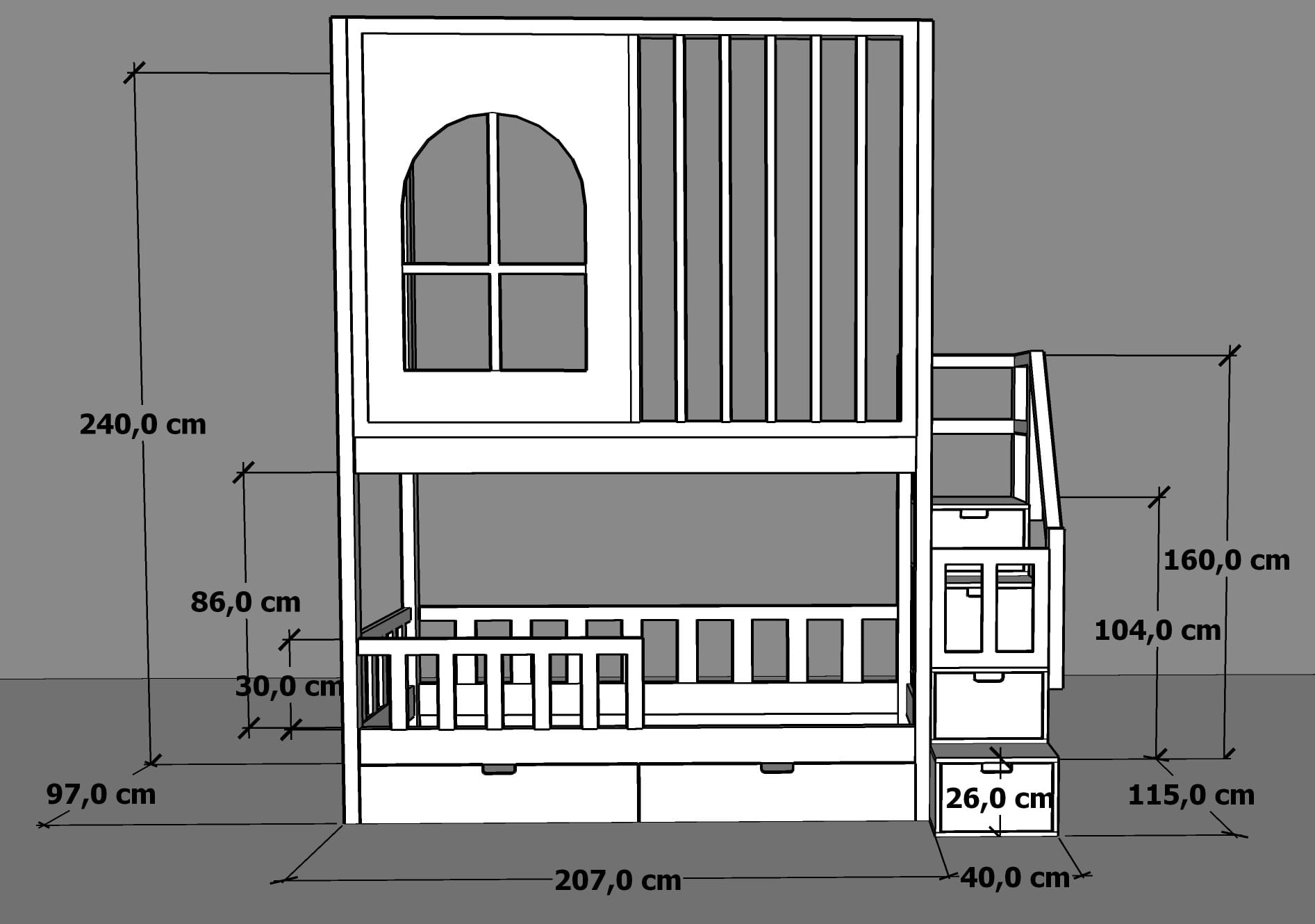 Łóżko piętrowe Castle z lamelami i schodami – Rozmiary materaca i głębokość schodów
