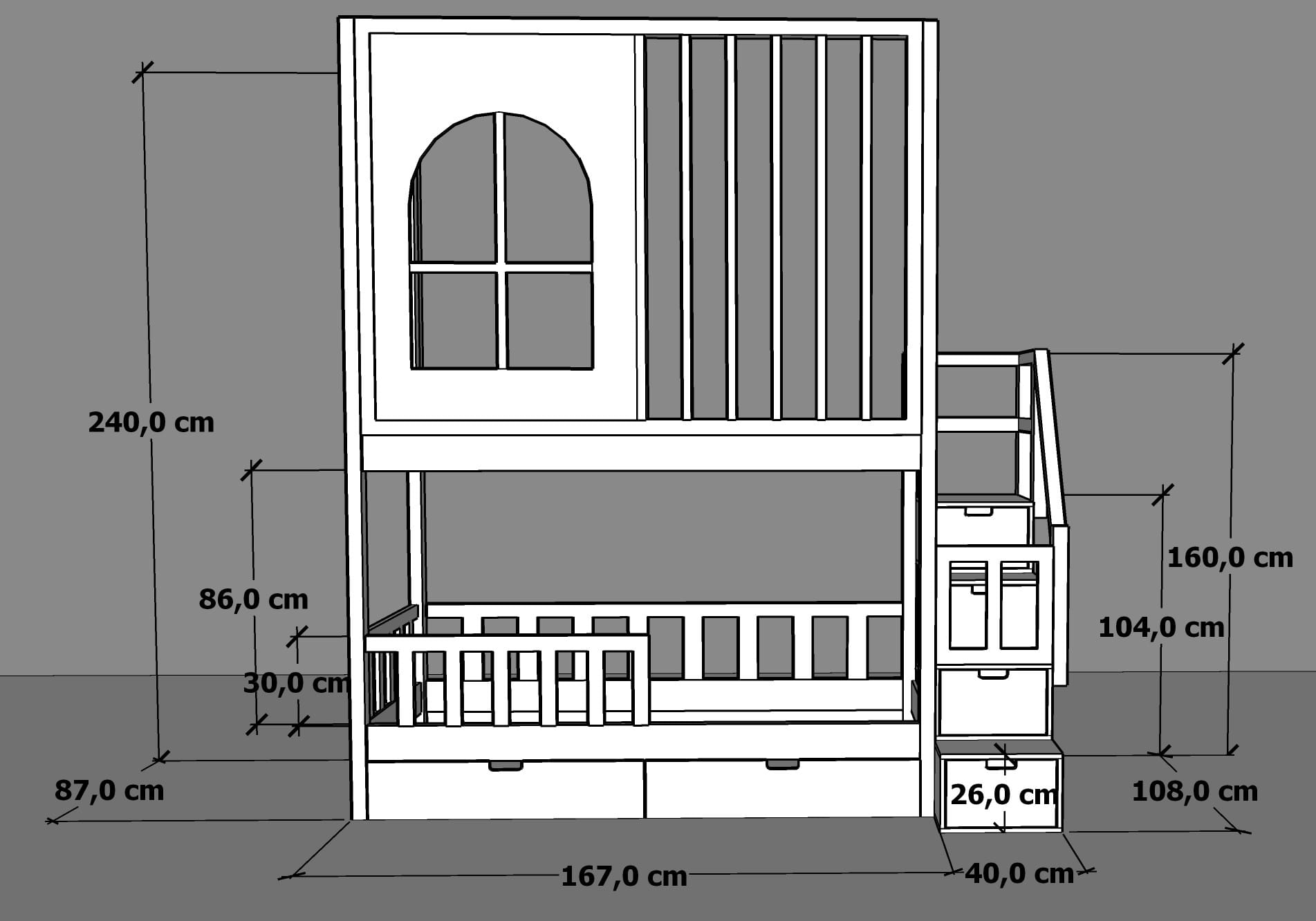 Łóżko piętrowe Castle z lamelami i schodami – Wymiary zewnętrzne i wysokość