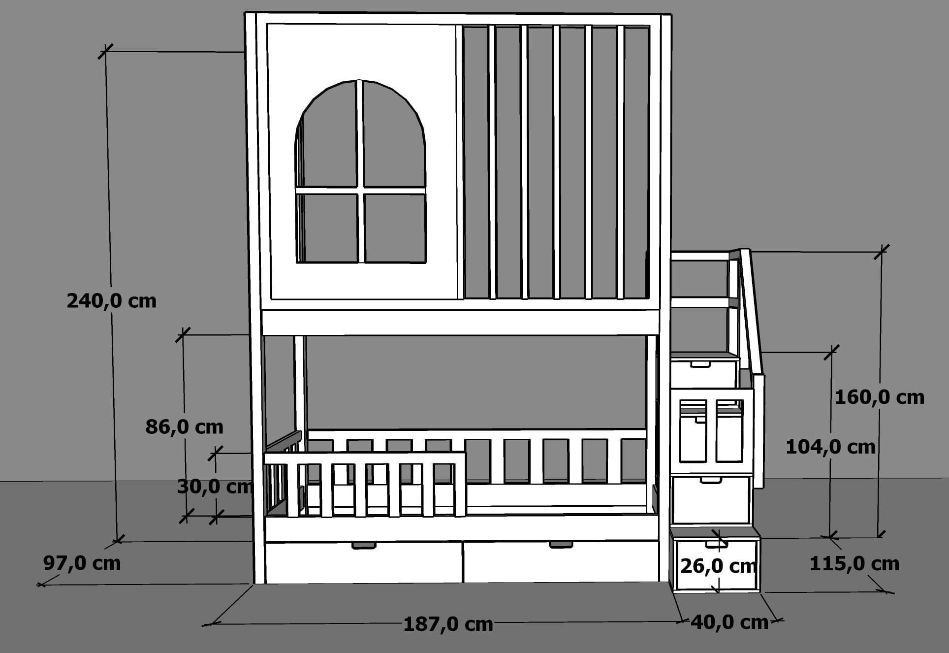 Łóżko piętrowe Castle z lamelami i schodami – Widok boczny łóżka ze schodami