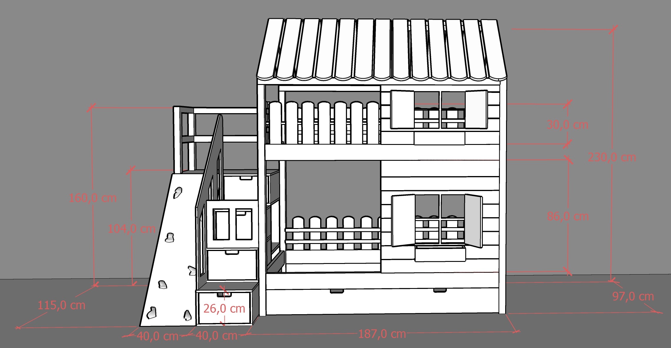 Łóżko piętrowe Climb House ze ścianką wspinaczkową i schodkami – Materac 80 × 160 cm