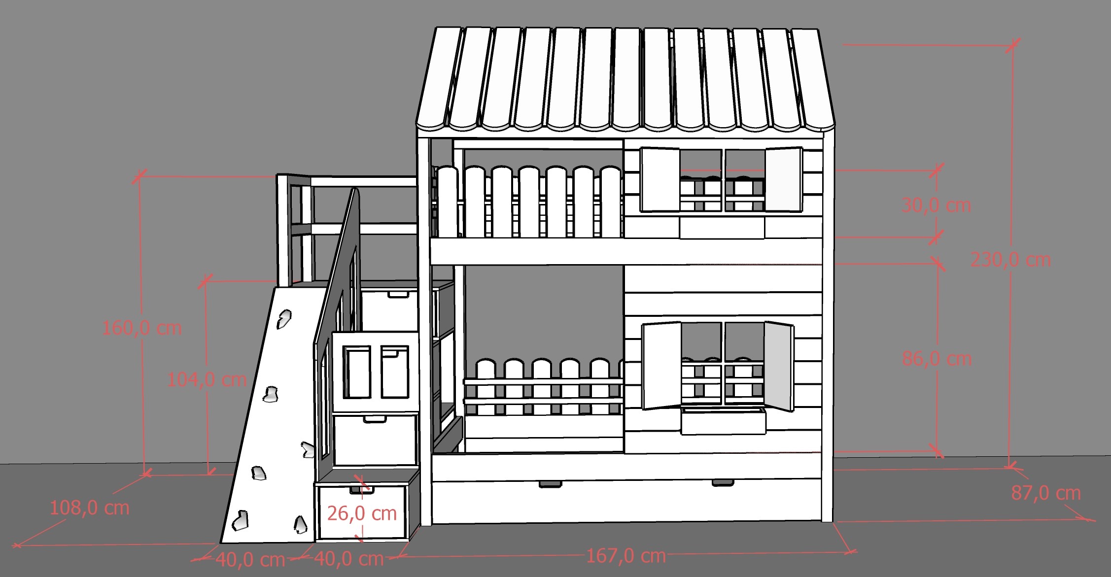 Łóżko piętrowe Climb House ze ścianką wspinaczkową i schodkami – Materac 90 × 180 cm