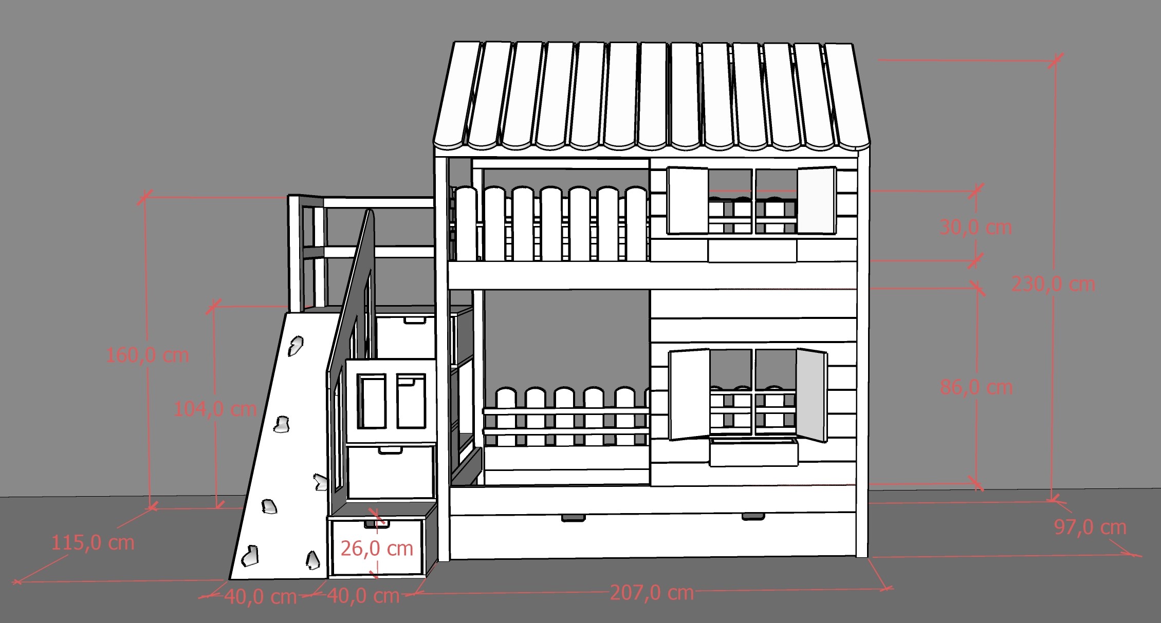 Łóżko piętrowe Climb House ze ścianką wspinaczkową i schodkami – Materac 90 × 200 cm