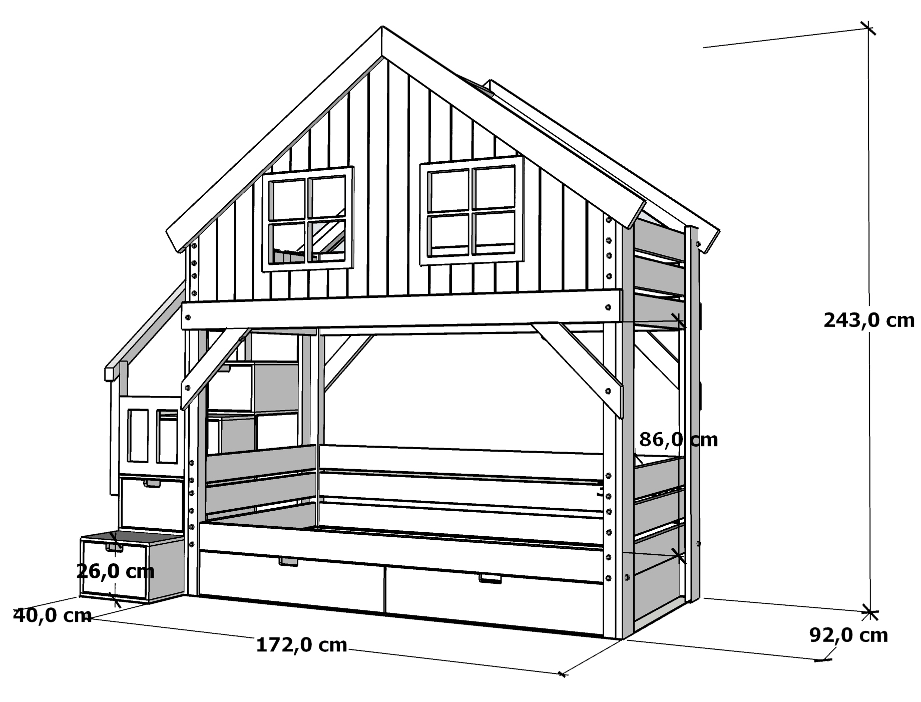 Łóżko piętrowe domek Chata Odkrywcy ze schodami – Materac 80 × 160 cm