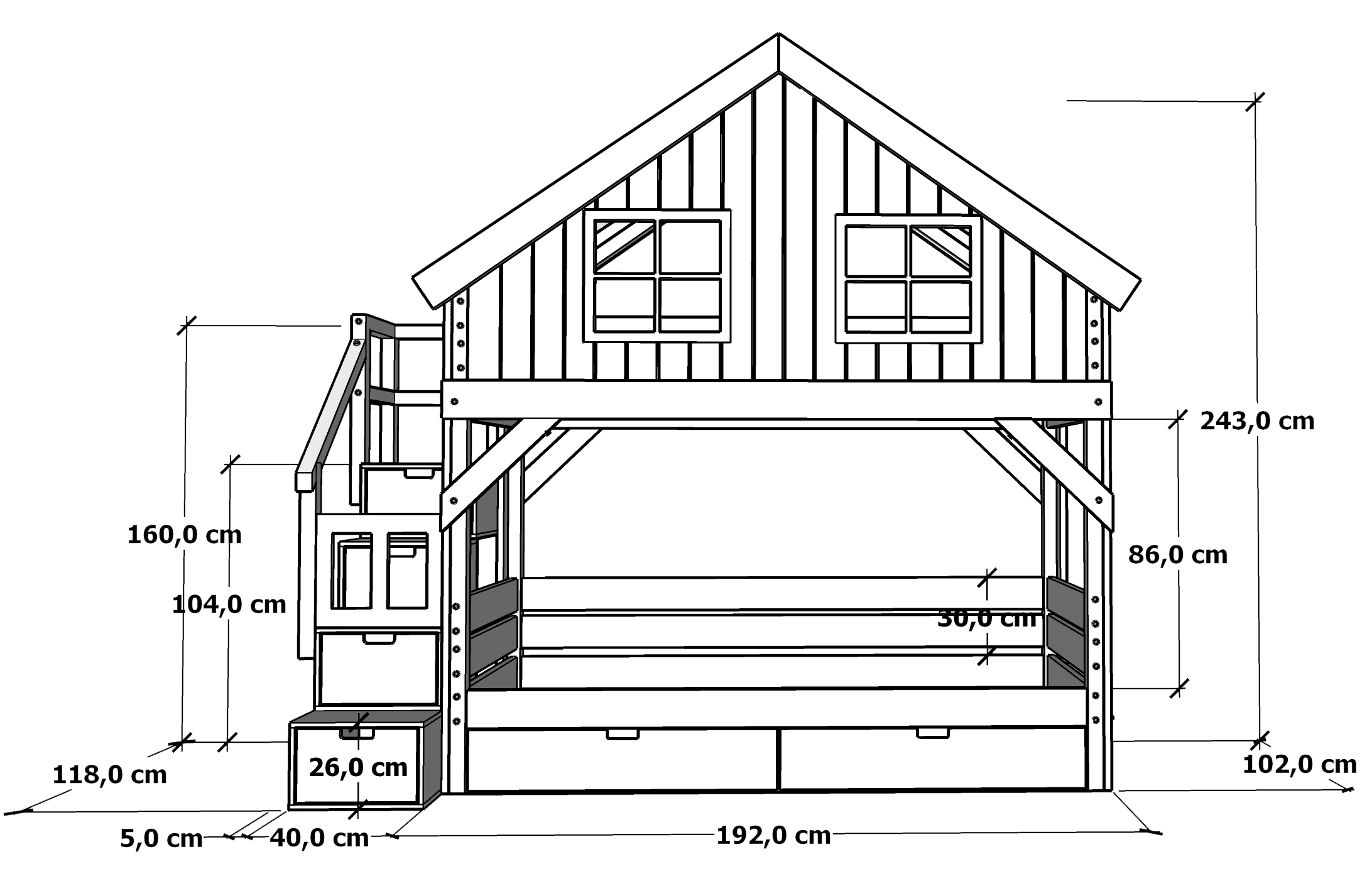 Łóżko piętrowe domek Chata Odkrywcy ze schodami – Materac 90 × 180 cm