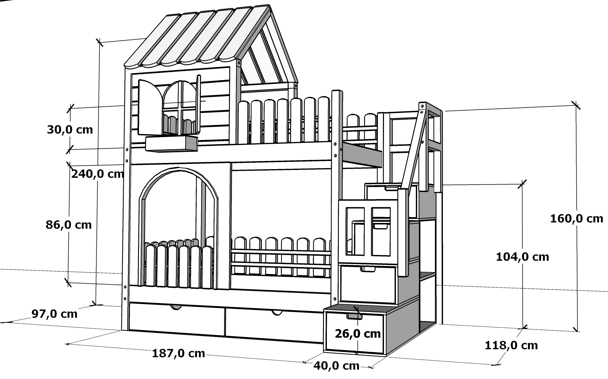 Łóżko piętrowe ze sklejki zamek marzeń – Materac 90 × 180 cm