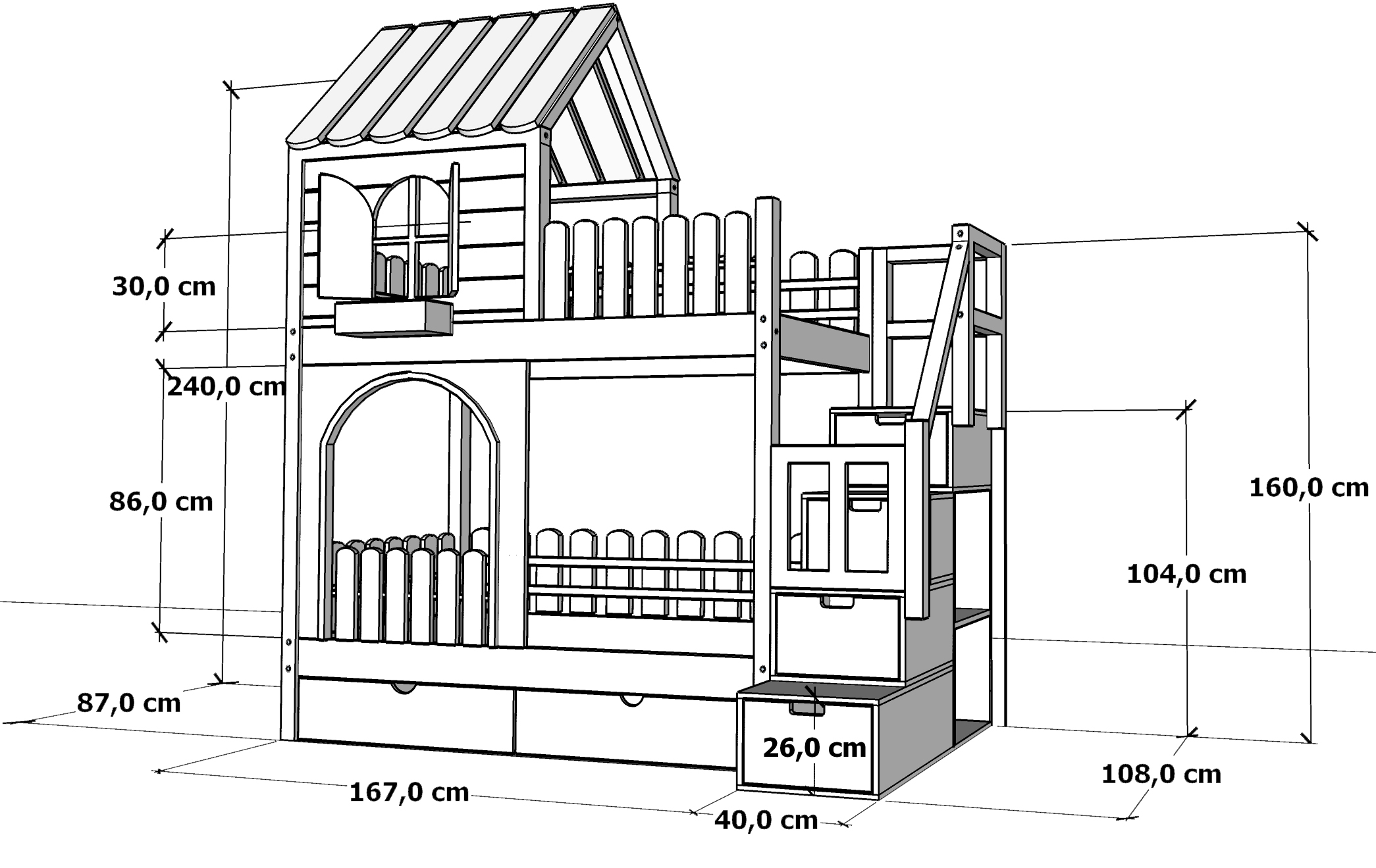 Łóżko piętrowe ze sklejki zamek marzeń – Materac 80 × 160 cm