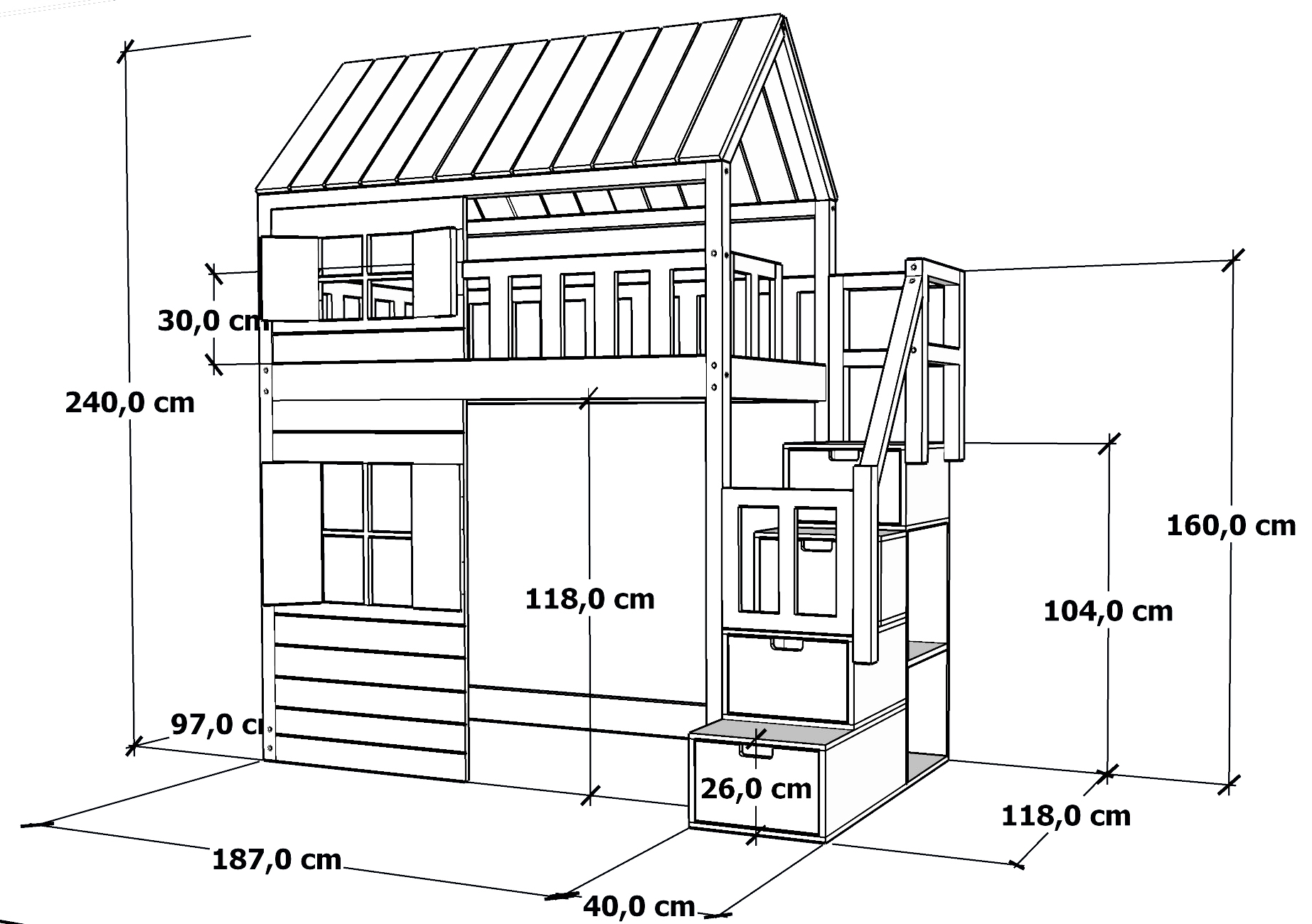 Łóżko na antresoli domek Galaxy ze schodami i schowkami – Materac 90 × 180 cm