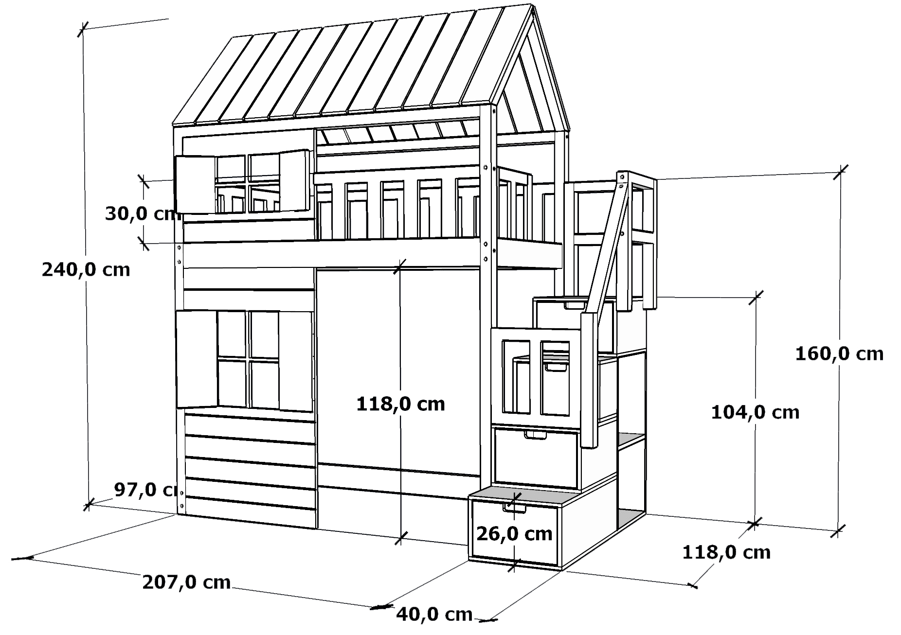 Łóżko na antresoli domek Galaxy ze schodami i schowkami – Materac 90 × 200 cm