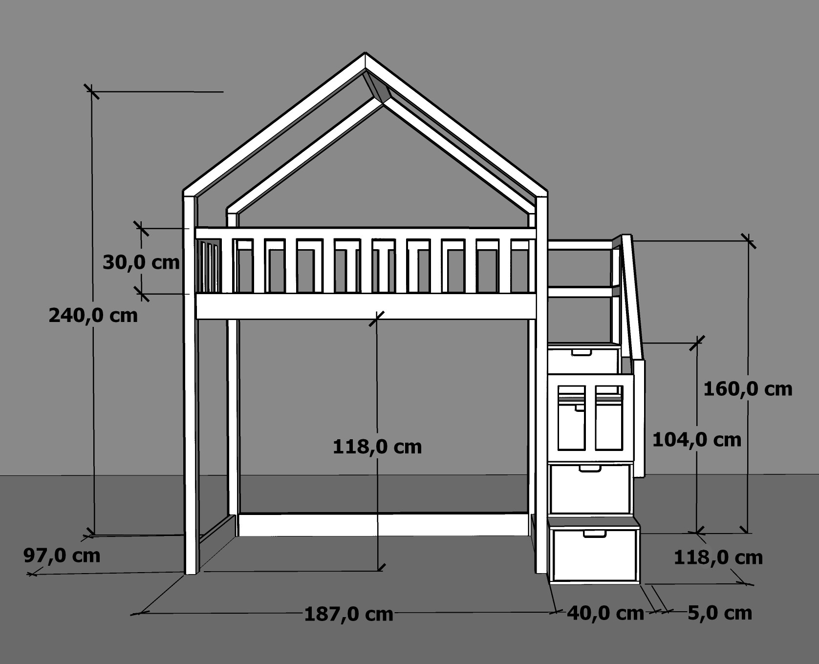 Łóżko antresola dla dziecka Sunny Peak – domek ze schodami – Materac 90 × 180 cm